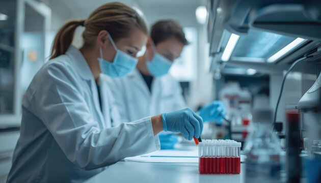 Scientists in protective gear perform precise experiments with red liquid samples inside a modern clinical research laboratory facility.