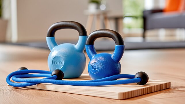 Two vibrant blue kettlebells and a jump rope resting on a wooden board, ready for a home fitness workout session