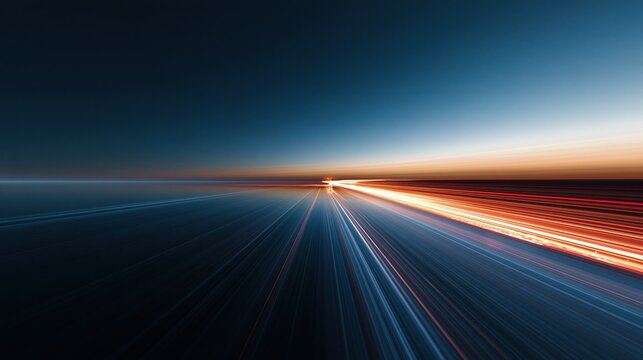 Abstract light streaks on a dark road at twilight, symbolizing speed and motion