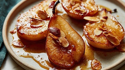 Fototapeta na wymiar Sweet Baked Pears Halved and Glazed with Honey, Sprinkled with Almond Slices and Powdered Sugar