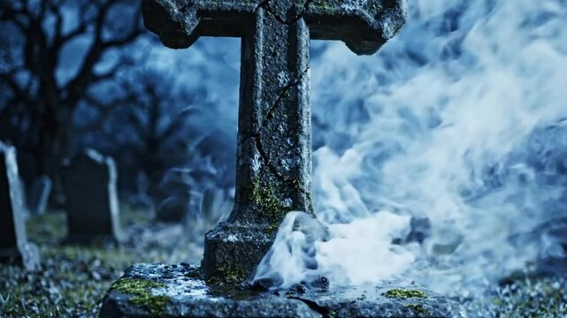 Ancient stone cross in a misty cemetery at night under blue light