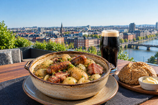 Traditional Dublin Coddle with Irish Soda Bread and Stout on a Rooftop