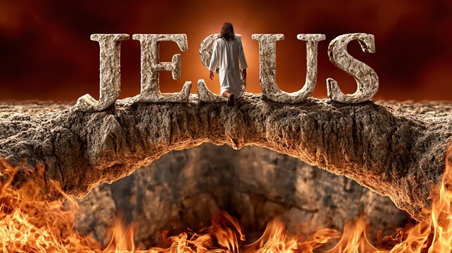 Jesus Christ walks over a fiery chasm, symbolizing salvation and hope in difficult times