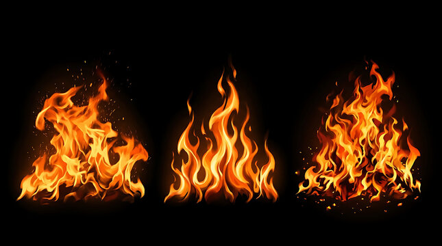 Set of isolated realistic blazing campfire flames with glowing sparks on black