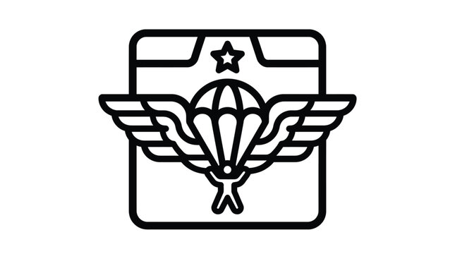 Line art icon of a paratrooper with wings and parachute for military or sports branding
