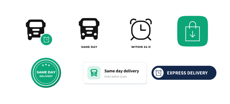 Same day delivery icon set express shipping badges and cards