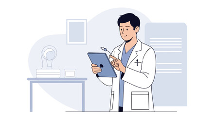 Fototapeta premium Doctor using tablet in clinic, modern medical illustration