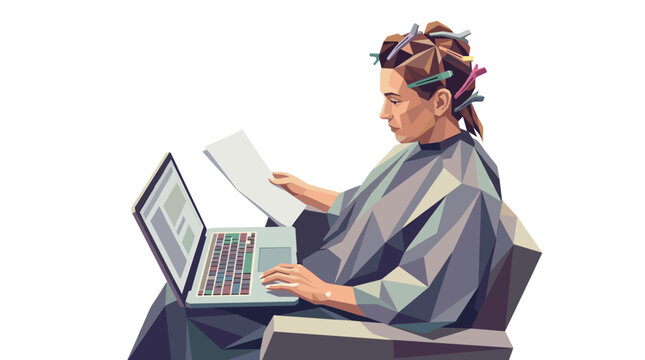 Geometric vector illustration of a professional woman multitasking with a laptop and documents at a hair salon appointment