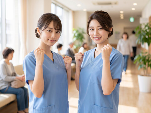 ガッツポーズで気合を入れる看護師の女性たち