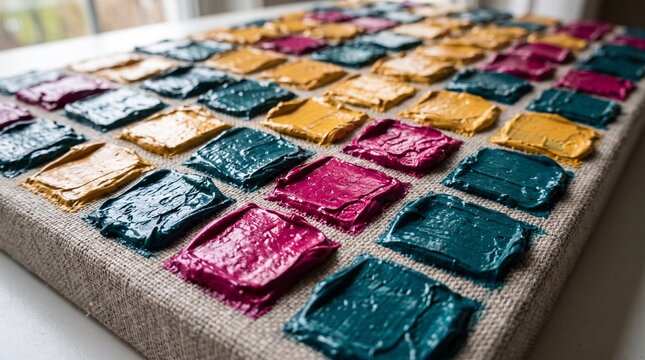 Abstract Textured Paint Squares in Teal Magenta and Yellow on Canvas