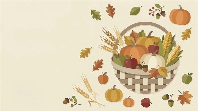 Flat Thanksgiving harvest basket filled with autumn produce and foliage, with selected elements gently moving in a seasonal scene