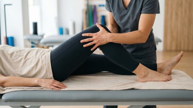 Physiotherapist examining a female patient's knee joint during physical therapy session in a clinic