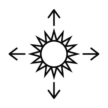 Minimalist black sunburst emblem with cardinal direction arrows on a white background, simple icon design concept