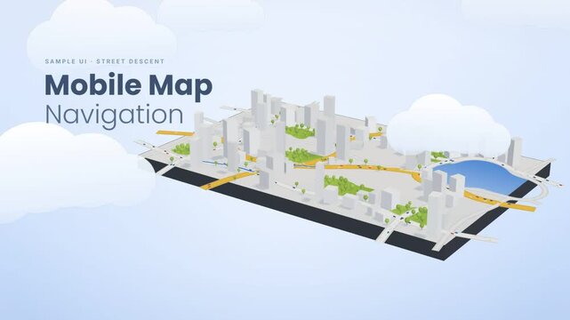 Low poly 3d city map with the camera descending to street level and following a route