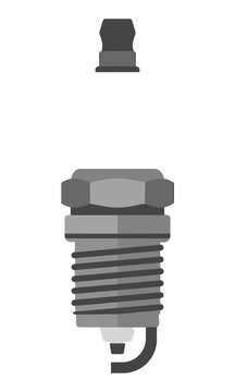 Minimalist grey spark plug with metallic threads and a ceramic insulator on white background automotive maintenance concept