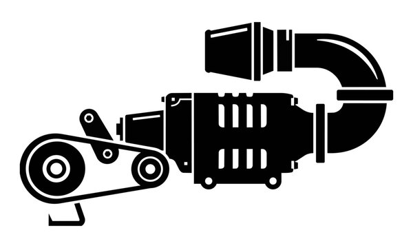 Minimalist black icon of a supercharger with a mechanical pulley and air intake system isolated on a white background, automotive performance engineering concept