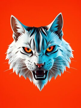 Fierce white cat head emblem with intense orange eyes on a dark orange background, feline, geometric