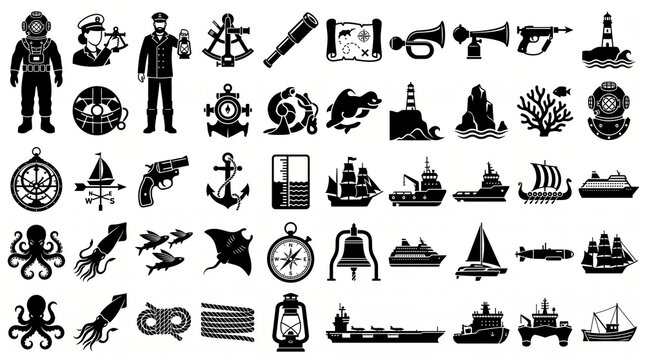 Nautical and maritime vector icon set featuring ships sea creatures and sailing equipment on white background