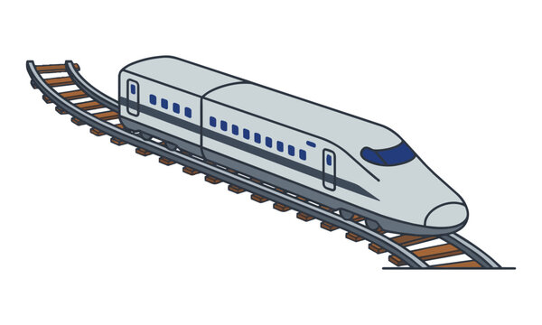 Sleek isometric line art bullet train icon on a curving track with white background. Modern high-speed travel concept