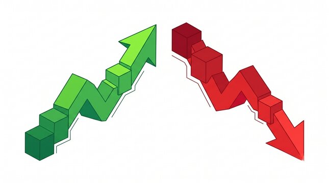 Green up arrow and red down arrow in isometric block style business growth and loss isolated on white