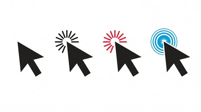 Mouse cursor click icon set showing different interaction states flat vector illustration on white background