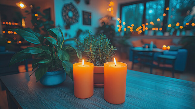 Cozy Evening Atmosphere: Two lit orange candles and green houseplants on a wooden table, blurred background with warm lights.