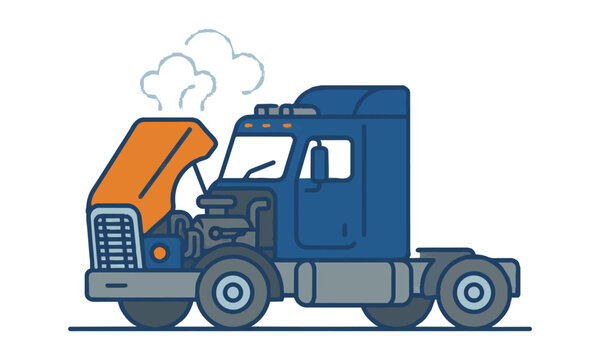 Simplified icon of a heavy-duty truck with hood open and steam, isolated on white background, vehicle repair concept