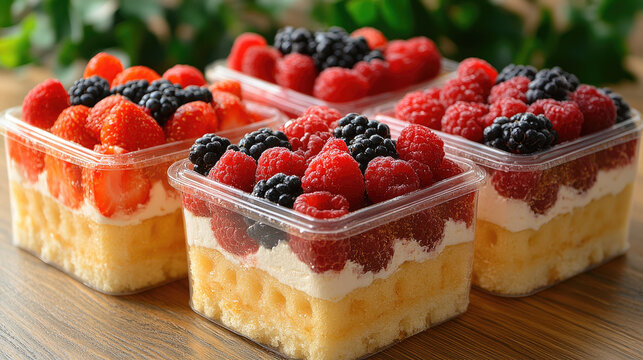Four Individual Berry Cakes with Fresh Strawberries, Raspberries, and Blackberries in Plastic Containers