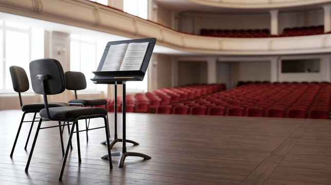 music stand and theater chairs in bright auditorium interior elegant orchestral seating clean bokeh background for design perfect copy space photorealistic wide angle