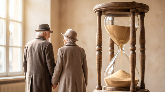 elderly couple reflecting on time before oversized hourglass back view beige studio backdrop aging legacy life journey passing moments togetherness golden years contemplation wide angle soft bokeh bri