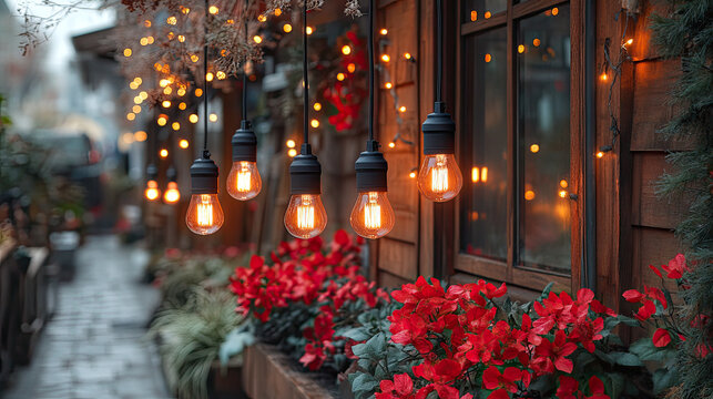 Cozy outdoor cafe terrace decorated with warm Edison bulbs and vibrant red flowers, creating a charming evening ambiance.