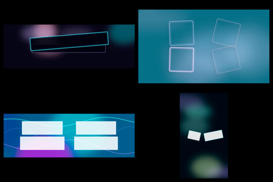 Floating neon-outlined rectangles and pill buttons glow over a cyan-blue blur, evoking a sleek product interface for app landing pages and ads.