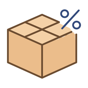 Simple flat icon of a cardboard shipping box with a nearby floating percent sign, symbolizing discounts and promotions. E-commerce sales concept