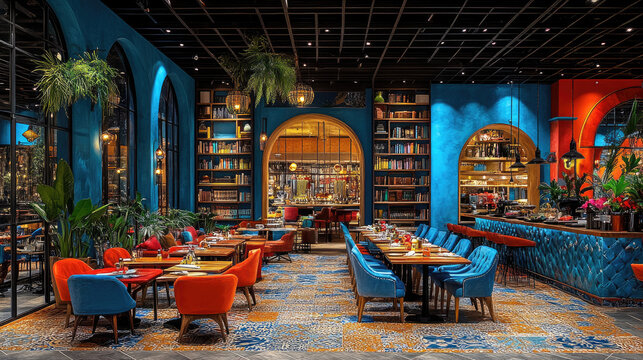 Vibrant Interior of a Modern Restaurant Bar with Bookshelves and Lush Greenery