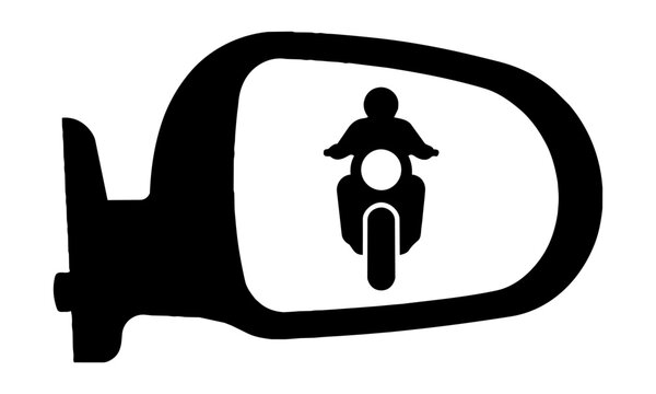 Minimalist car side mirror icon featuring a motorcycle silhouette with a bold circular headlight in a clean flat design automotive safety concept