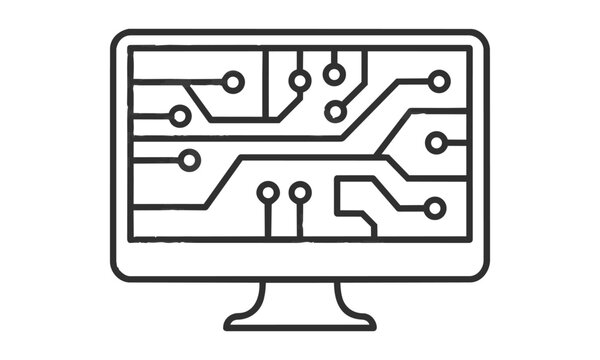 A minimalist flat icon of a computer monitor screen displaying a stylized circuit board pattern, isolated on white. Modern technology concept