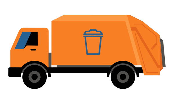 Simplified orange garbage truck in side profile with minimalist bin icon and large black wheels isolated on white background waste management concept