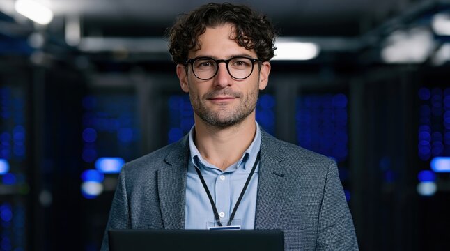 It professional engineer in glasses standing in a modern data center server room with blue network infrastructure