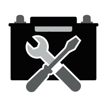 Minimalist car battery icon with crossed wrench and screwdriver tools for maintenance and service automotive repair concept