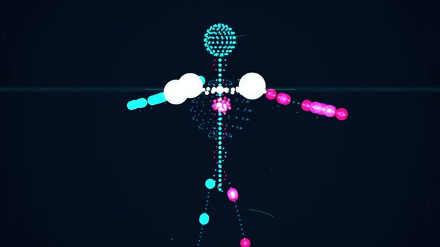 Abstract human body skeleton made of glowing dots and spheres in neon pink and cyan colors on a dark blue background