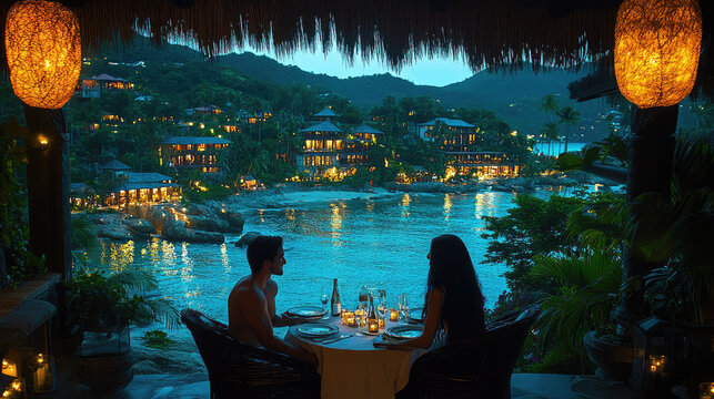 Romantic couple dining at a tropical resort by the sea at twilight, illuminated by lanterns and scenic village lights