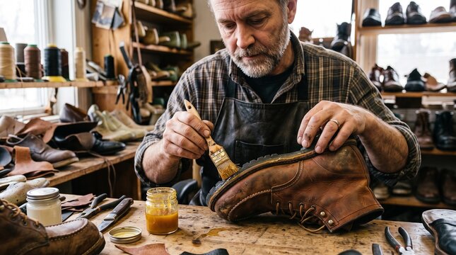 Skilled cobbler meticulously applies polish to a worn leather boot in his workshop