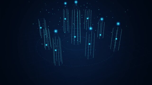 Abstract digital city skyline with glowing blue wireframe towers and data particles on a dark background, representing futuristic technology, network connectivity, and virtual infrastructure concepts