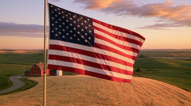 Flag of the american usa flying over a rural farm landscape with stars and stripes during a scenic golden sunset