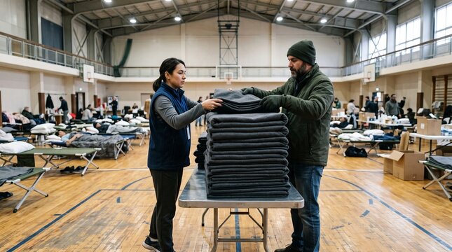 Volunteers distribute blankets in a gymnasium converted into a temporary shelter for displaced people