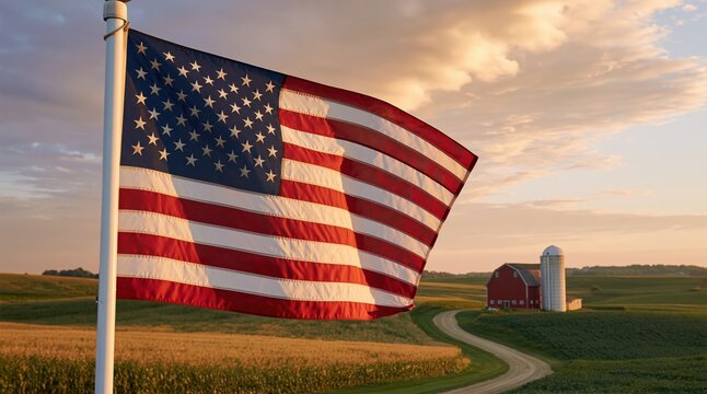 Flag of america waving on a pole by a rural farm with a red barn and silo under a golden patriotic sunset sky view