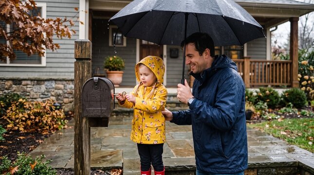 Father and daughter share umbrella checking mailbox on rainy autumn day outside suburban home