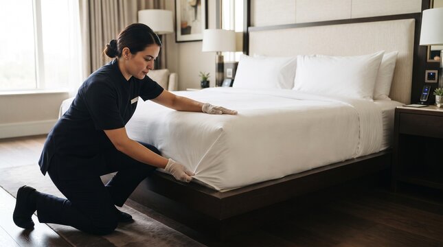 Hotel Housekeeper Wearing Gloves Neatly Tucks White Sheet on a King Size Bed in a Modern Hotel Room