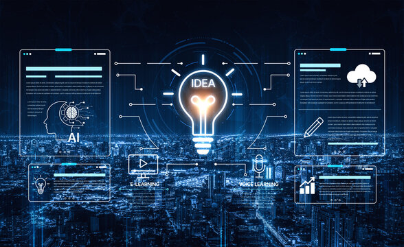A vibrant light bulb symbolizes innovative ideas surrounded by digital interfaces and a city skyline. Perfect for themes of technology and modern education concepts. Nascent