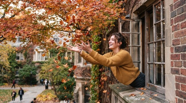 Joyful young woman throwing autumn leaves from a window on a university campus during fall season